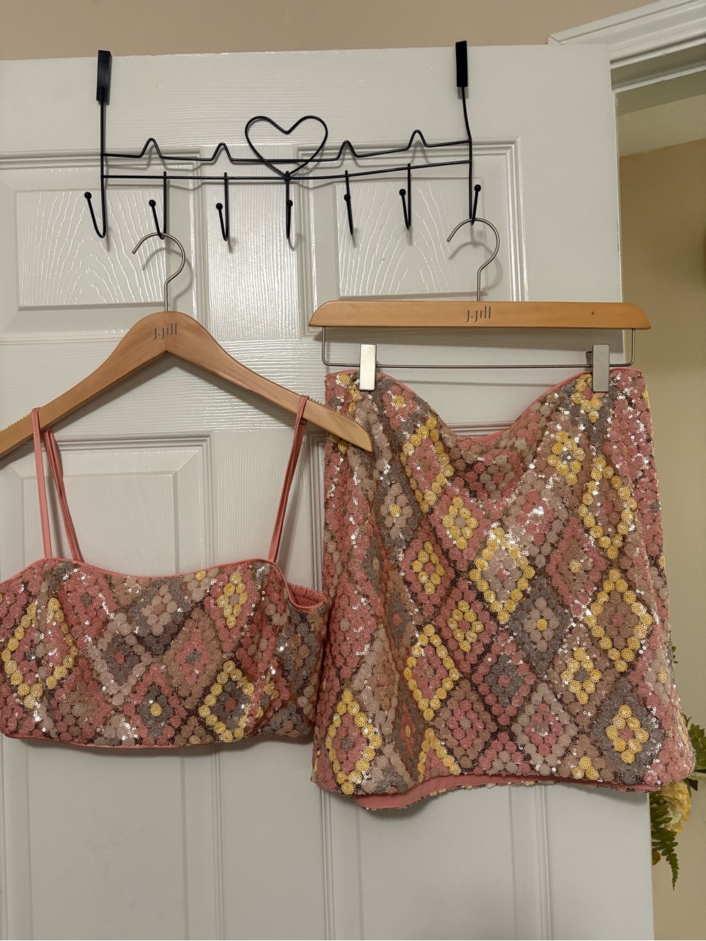Caroline Constas Pink, Yellow & Taupe Sequin Diamond Two-Piece Set